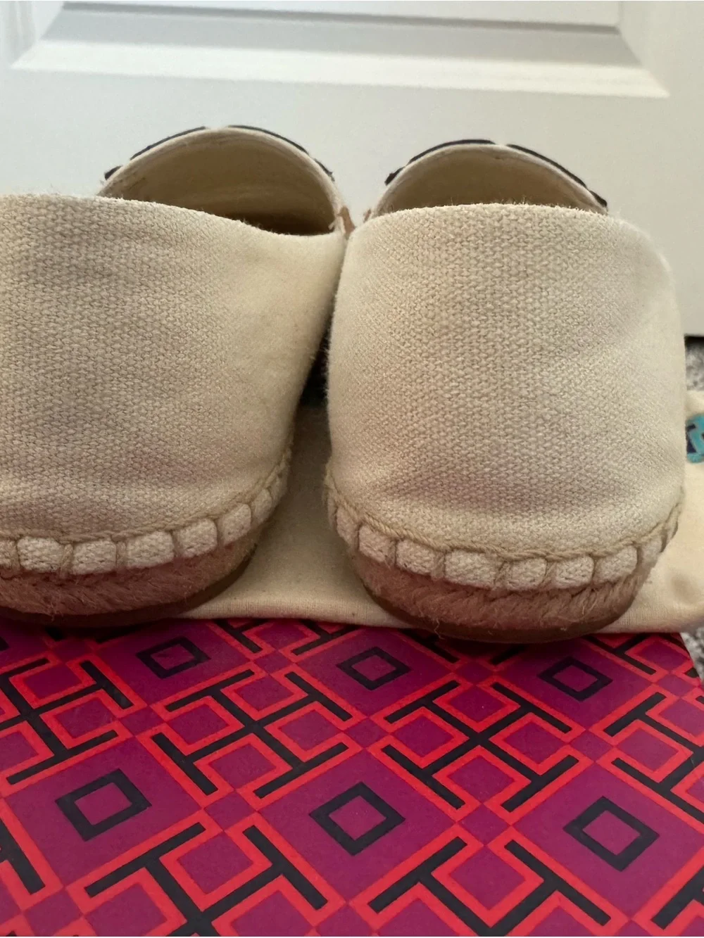 Tory Burch Cream Canvas Espadrilles with Tan and Black Logo